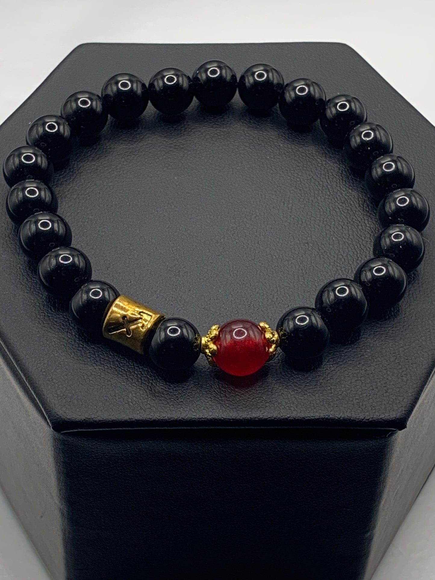 Sagittarius  Zodiac black obsidian with red chalcedony semi precious stone/crystal elastic beaded bracelet with gold accents