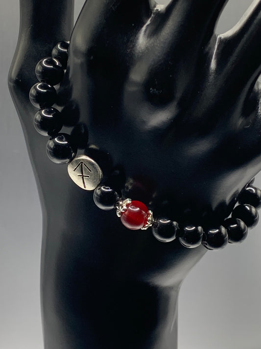 Sagittarius  Zodiac black obsidian with red chalcedony semi precious stone/crystal elastic beaded bracelet with silver accents
