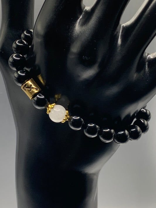 Sagittarius  Zodiac black obsidian with white chalcedony semi precious stone/crystal elastic beaded bracelet with gold accents