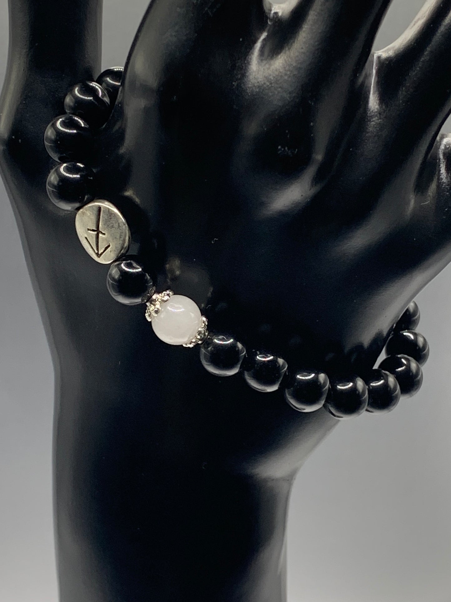 Sagittarius Zodiac black obsidian with white chalcedony semi precious stone/crystal elastic beaded bracelet with silver accents