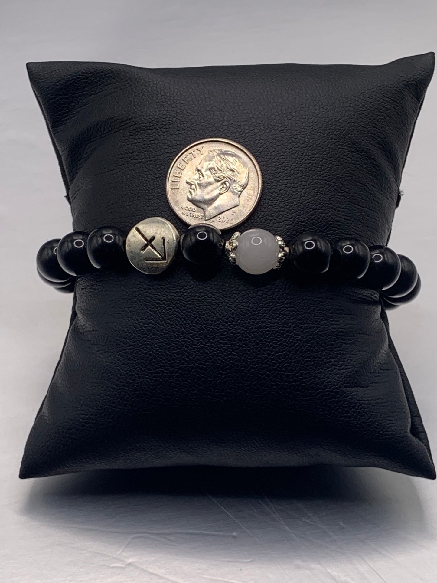 Sagittarius Zodiac black obsidian with white chalcedony semi precious stone/crystal elastic beaded bracelet with silver accents