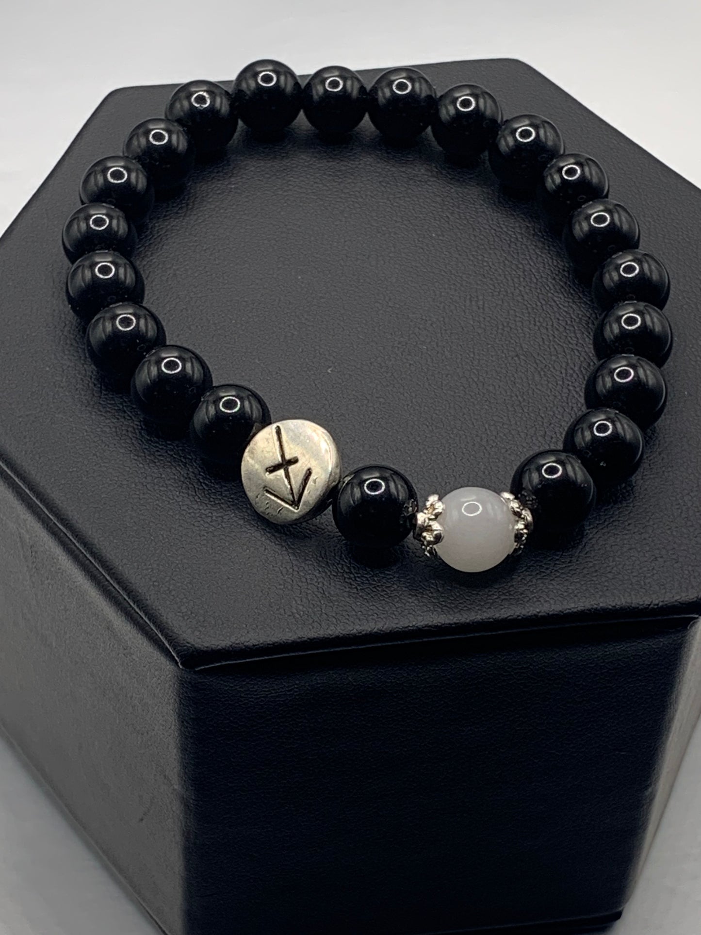 Sagittarius Zodiac black obsidian with white chalcedony semi precious stone/crystal elastic beaded bracelet with silver accents