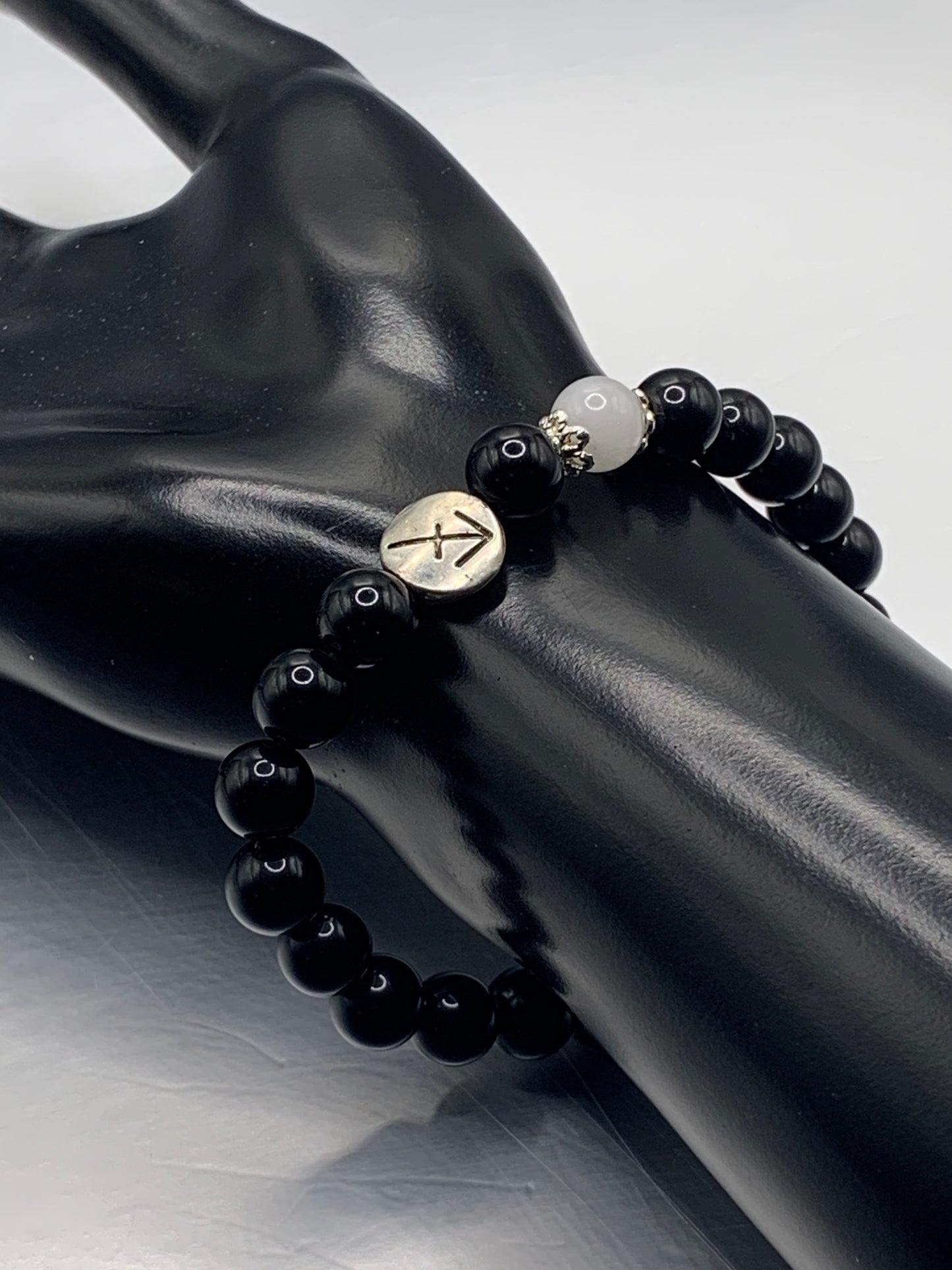Sagittarius Zodiac black obsidian with white chalcedony semi precious stone/crystal elastic beaded bracelet with silver accents