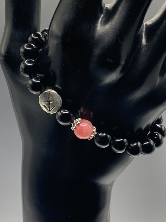 Sagittarius  Zodiac black obsidian with pink chalcedony semi precious stone/crystal elastic beaded bracelet with silver accents