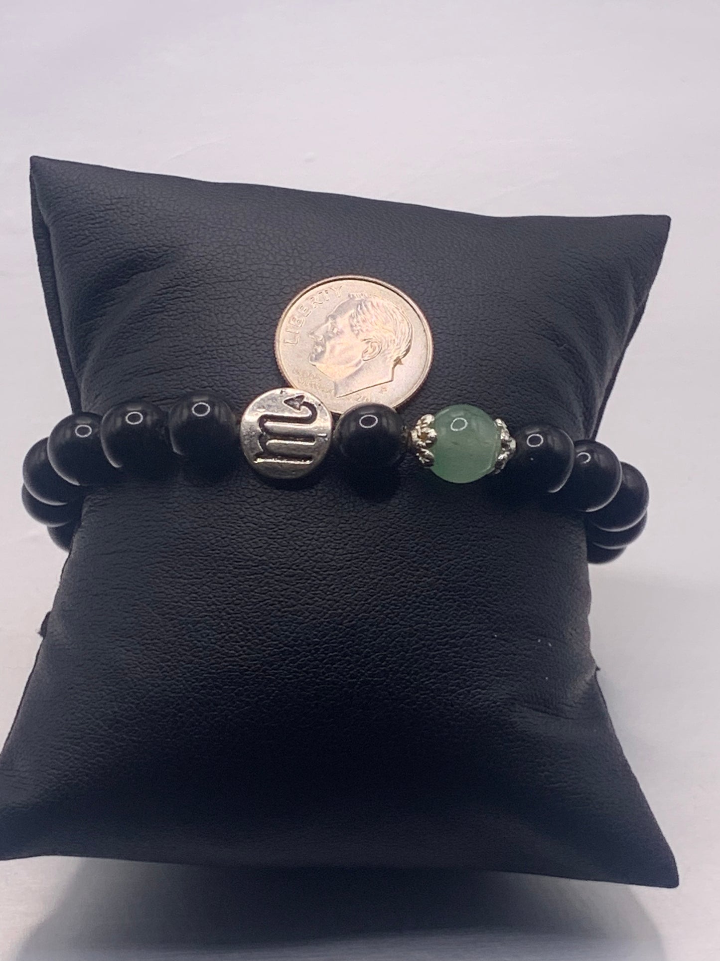 Scorpio  Zodiac black obsidian with green aventurine semi precious stone/crystal elastic beaded bracelet with silver accents
