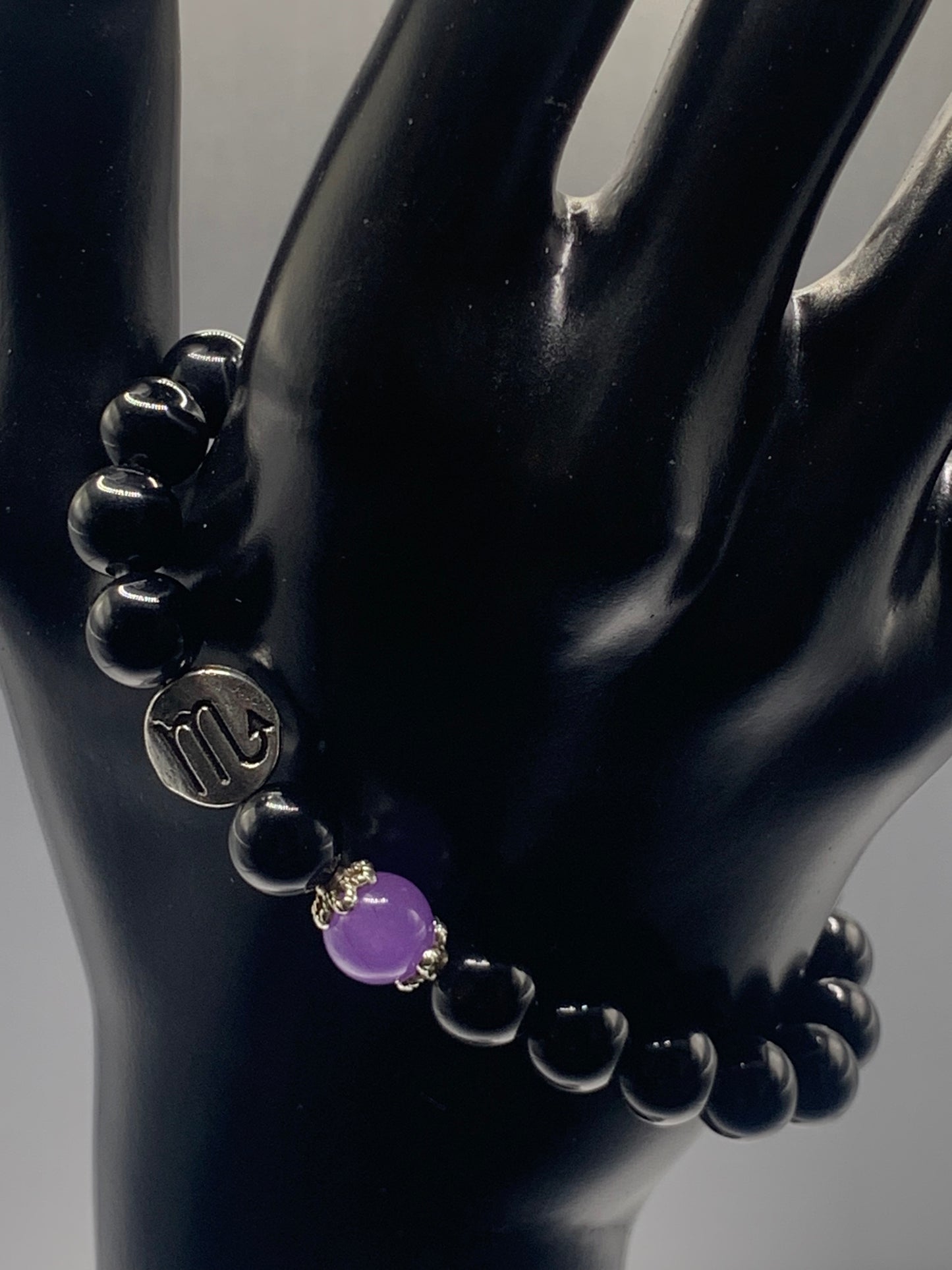Scorpio Zodiac black obsidian with lavender agate semi precious stone/crystal elastic beaded bracelet with silver accents