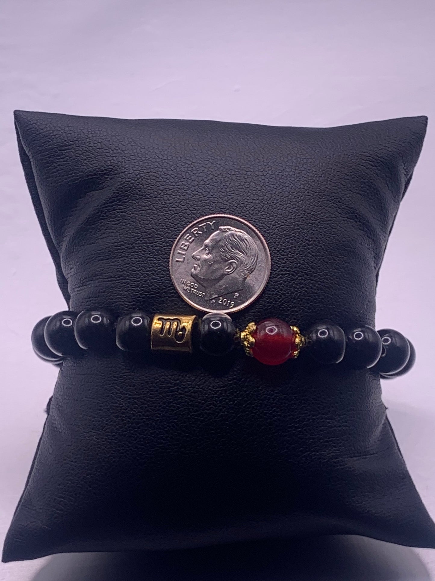 Scorpio Zodiac black obsidian with red chalcedony semi precious stone/crystal elastic beaded bracelet with gold accents