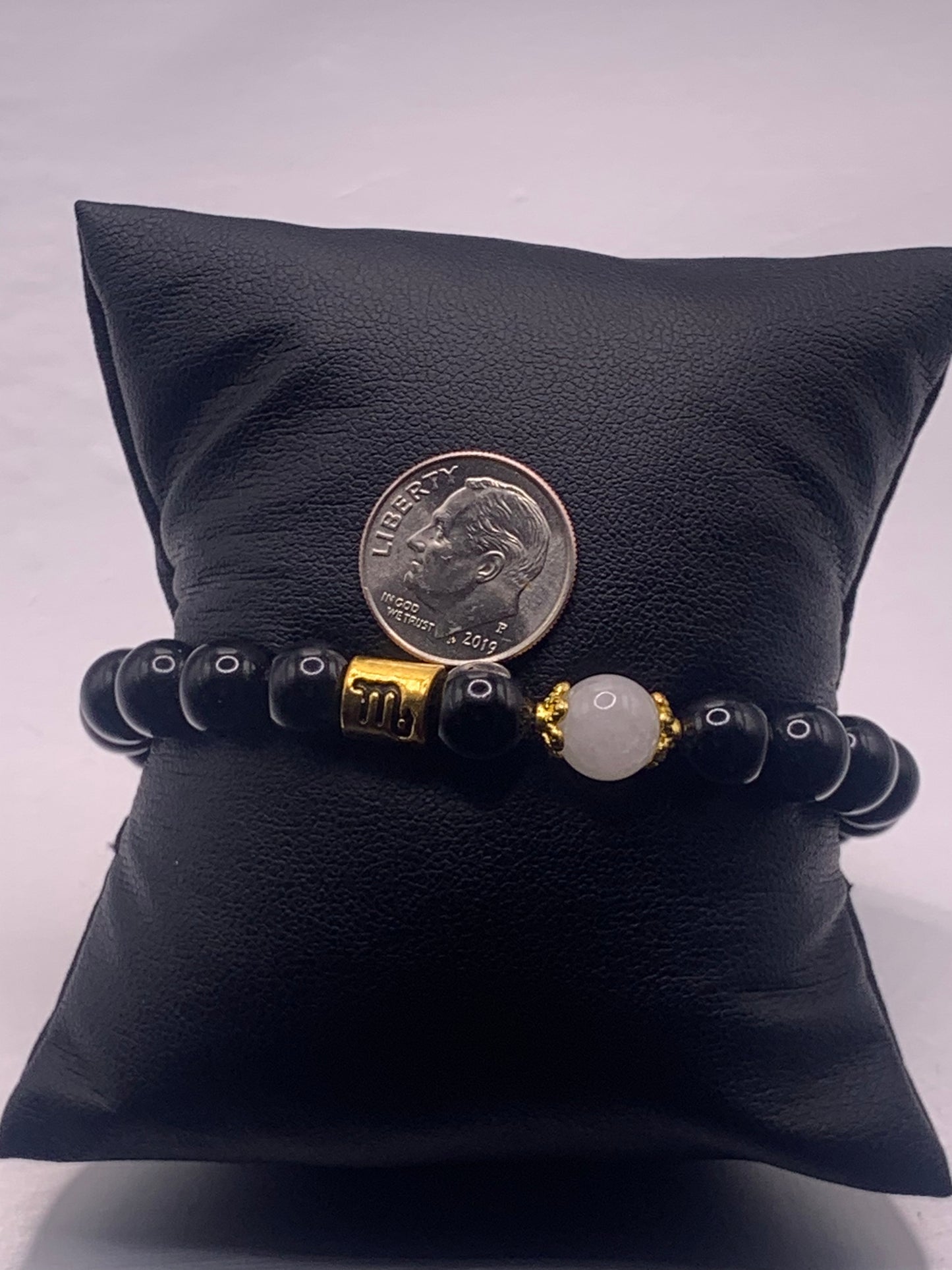 Scorpio Zodiac black obsidian with white chalcedony semi precious stone/crystal elastic beaded bracelet with gold accents