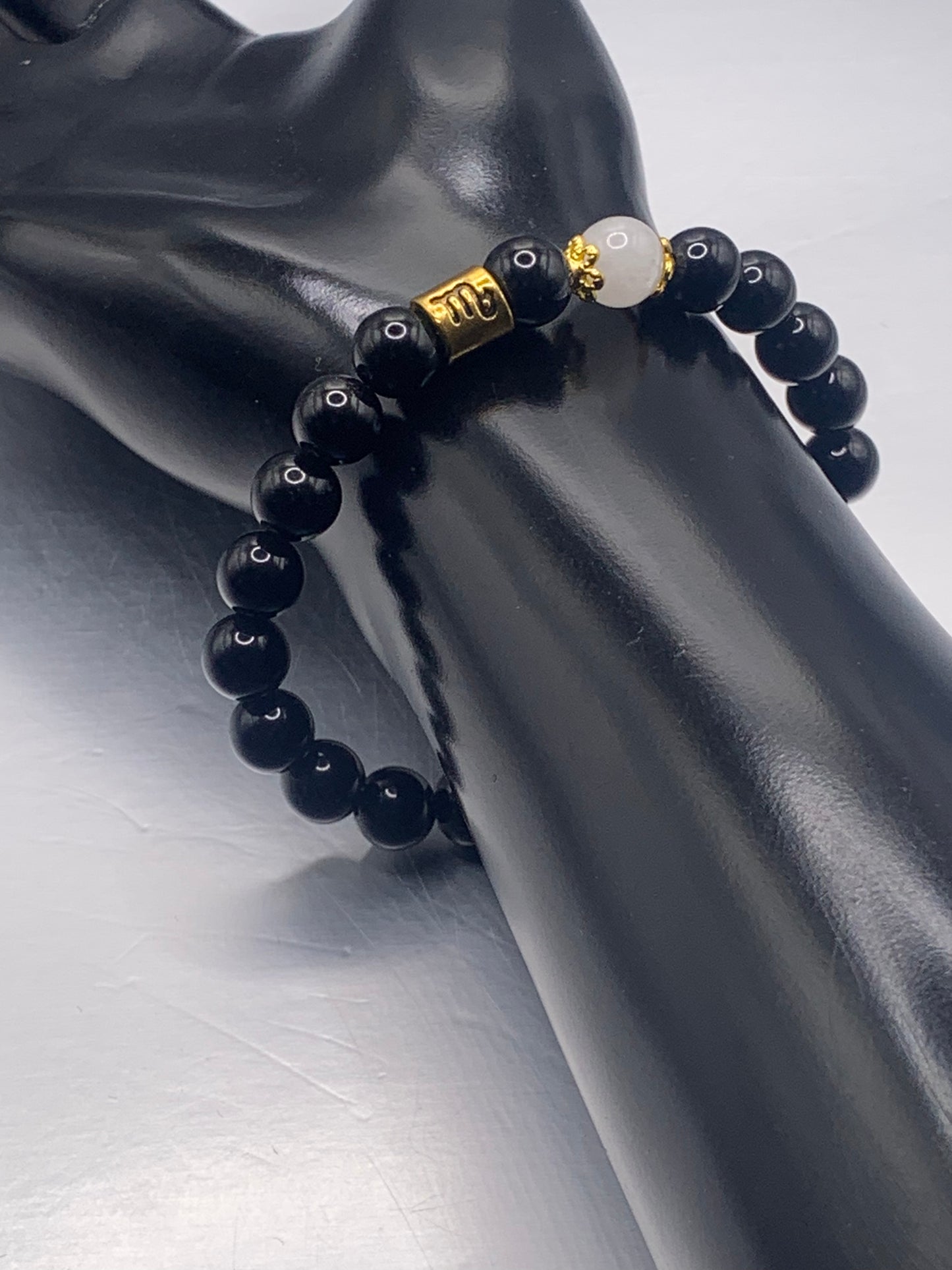 Scorpio Zodiac black obsidian with white chalcedony semi precious stone/crystal elastic beaded bracelet with gold accents