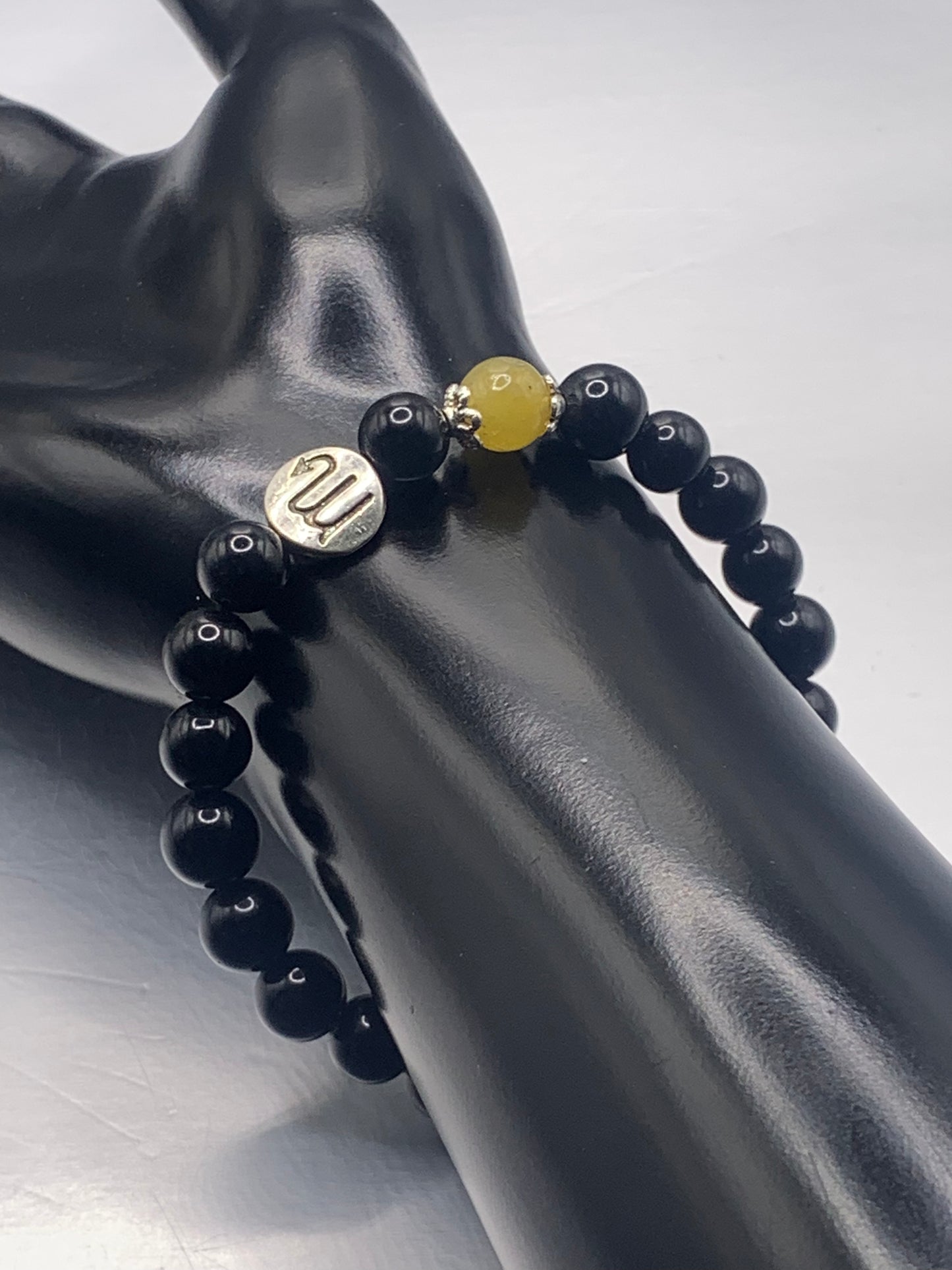 Scorpio Zodiac black obsidian with yellow agate semi precious stone/crystal elastic beaded bracelet with silver accents