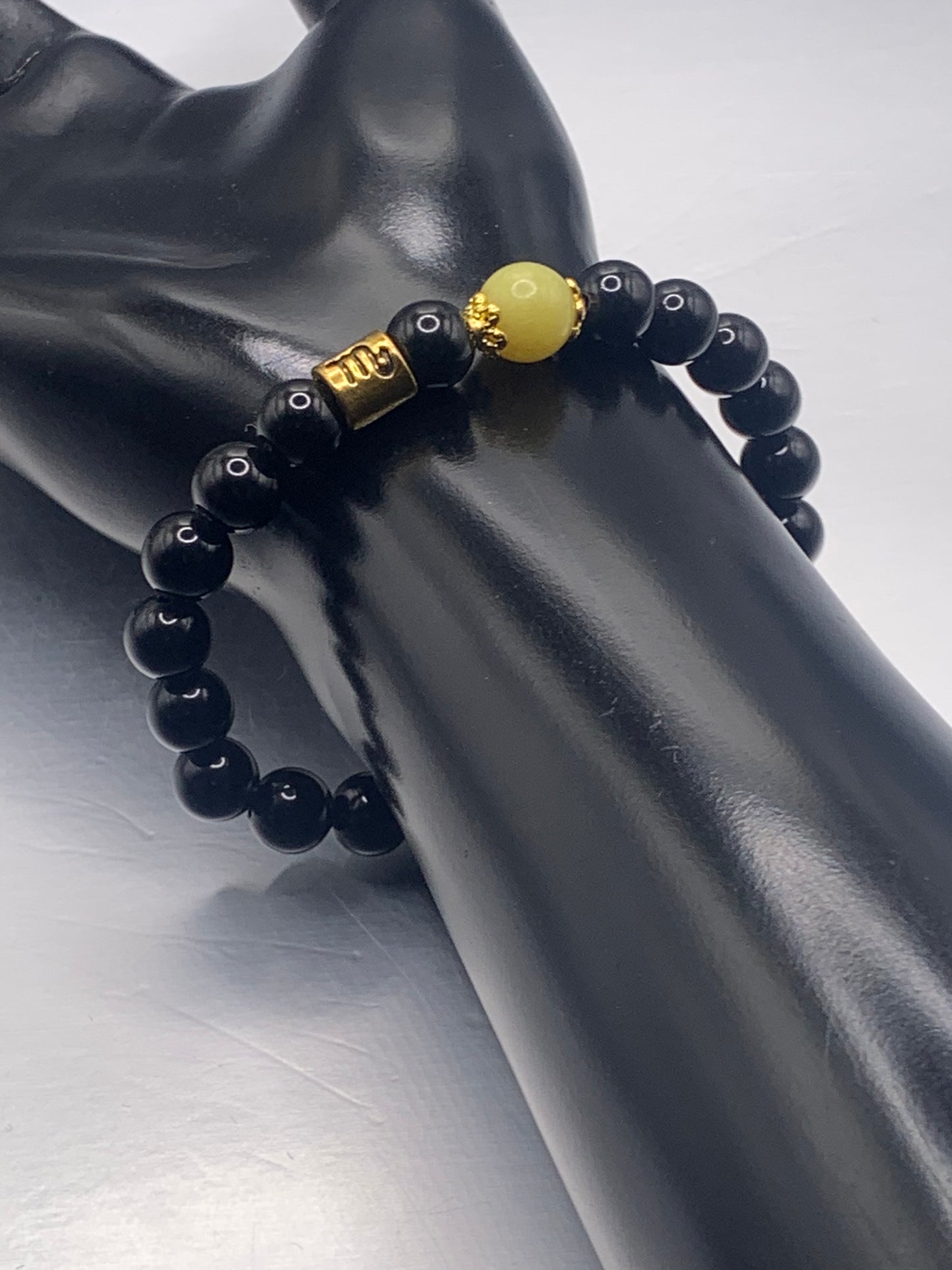 Scorpio Zodiac black obsidian with yellow jade semi precious stone/crystal elastic beaded bracelet with gold accents