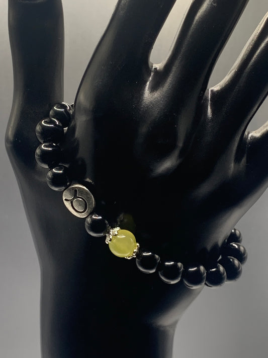 Taurus Zodiac black obsidian with apple agate semi precious stone/crystal elastic beaded bracelet with silver accents