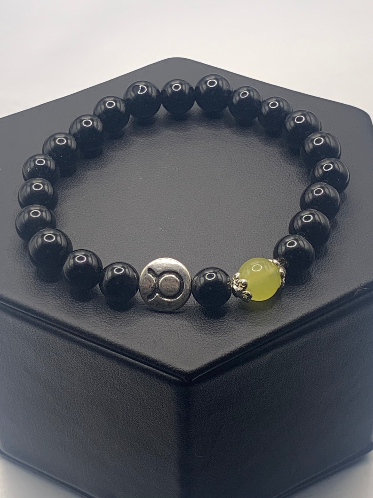 Taurus Zodiac black obsidian with apple agate semi precious stone/crystal elastic beaded bracelet with silver accents