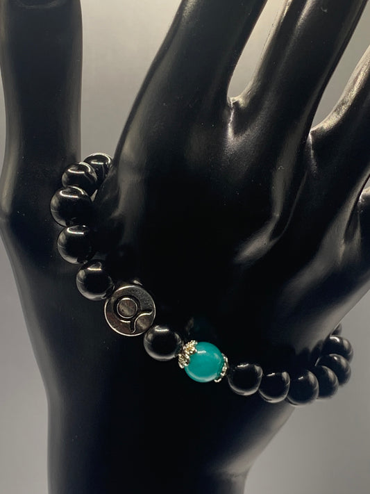 Taurus Zodiac black obsidian with aquamarine chalcedony semi precious stone/crystal elastic beaded bracelet with silver accents