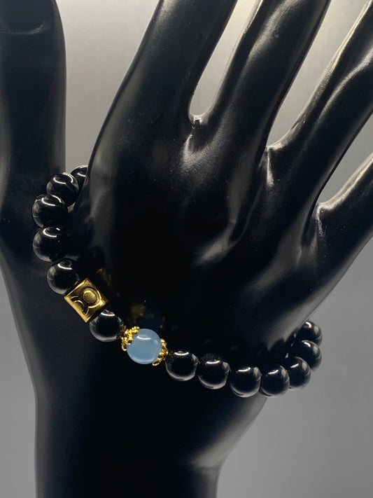 Taurus Zodiac black obsidian with blue agate semi precious stone/crystal elastic beaded bracelet with gold accents