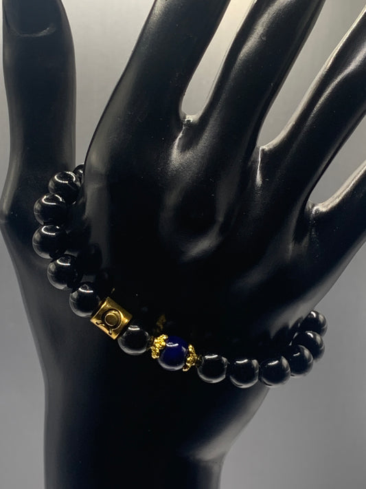 Taurus Zodiac black obsidian with blue lace agate semi precious stone/crystal elastic beaded bracelet with gold accents
