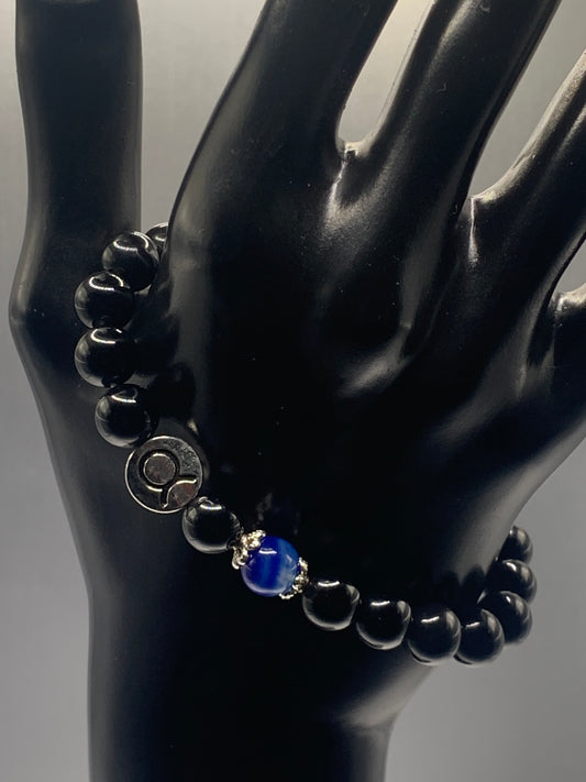 Taurus Zodiac black obsidian with blue lace agate semi precious stone/crystal elastic beaded bracelet with silver accents