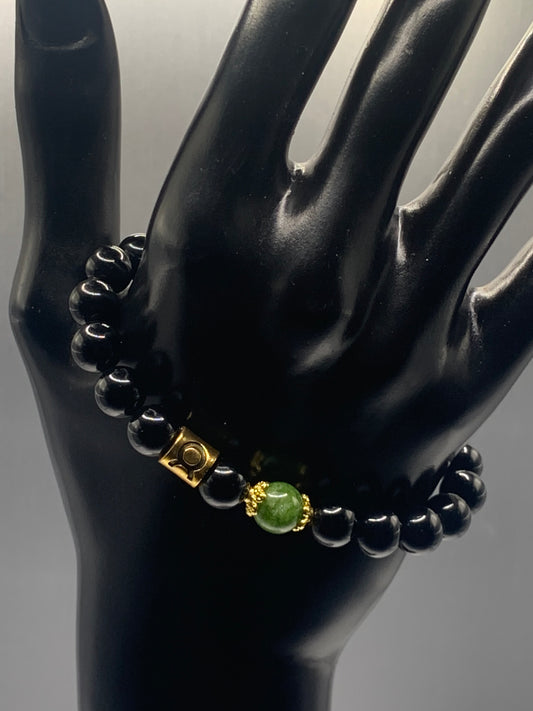 Taurus Zodiac black obsidian with green tourmaline semi precious stone/crystal elastic beaded bracelet with gold accents
