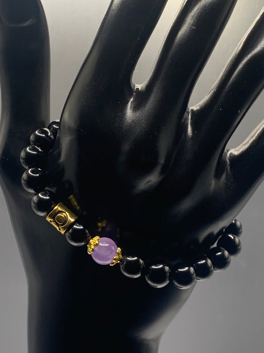 Taurus Zodiac black obsidian with lavender agate semi precious stone/crystal elastic beaded bracelet with gold accents