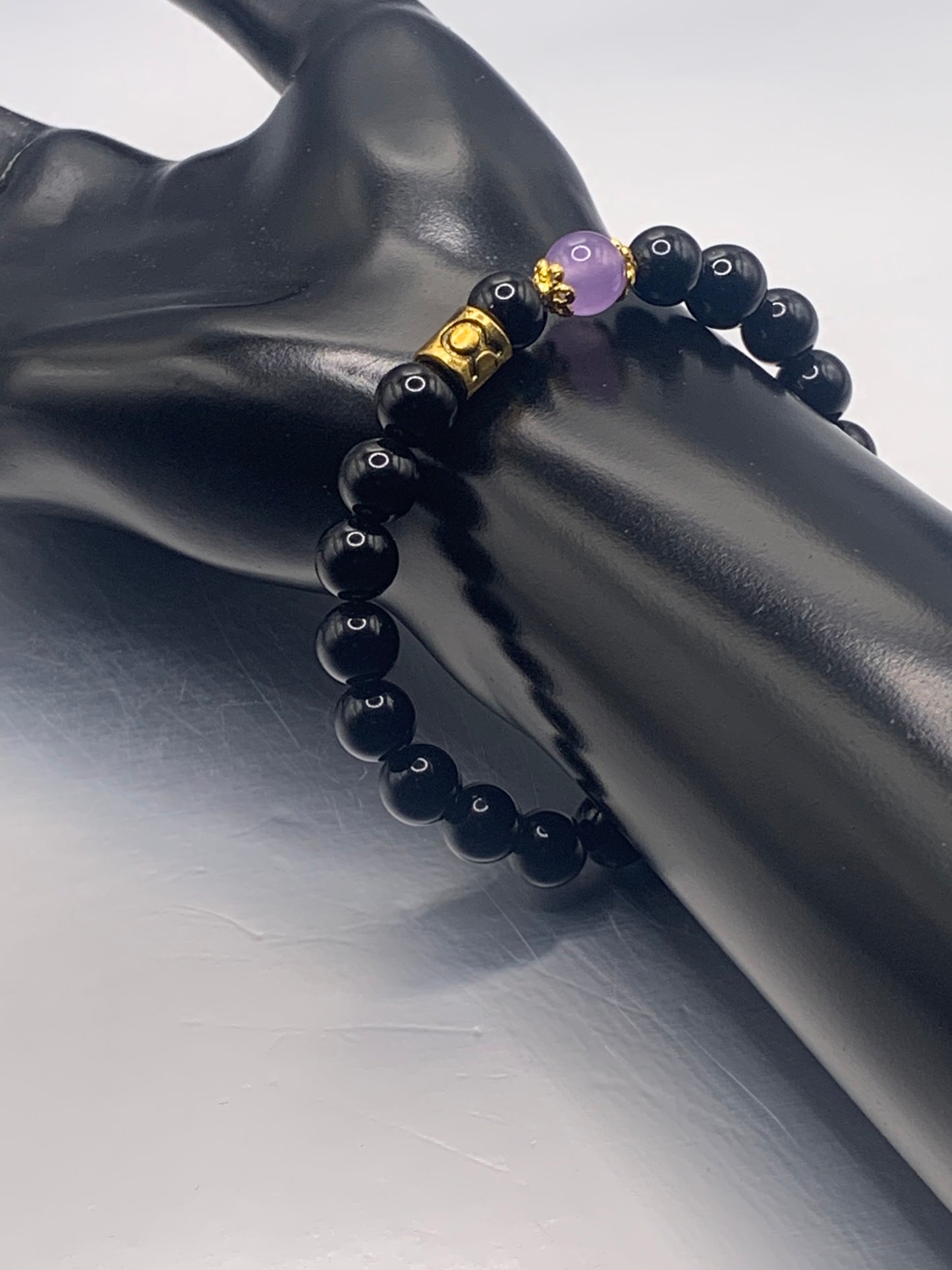 Taurus Zodiac black obsidian with lavender agate semi precious stone/crystal elastic beaded bracelet with gold accents