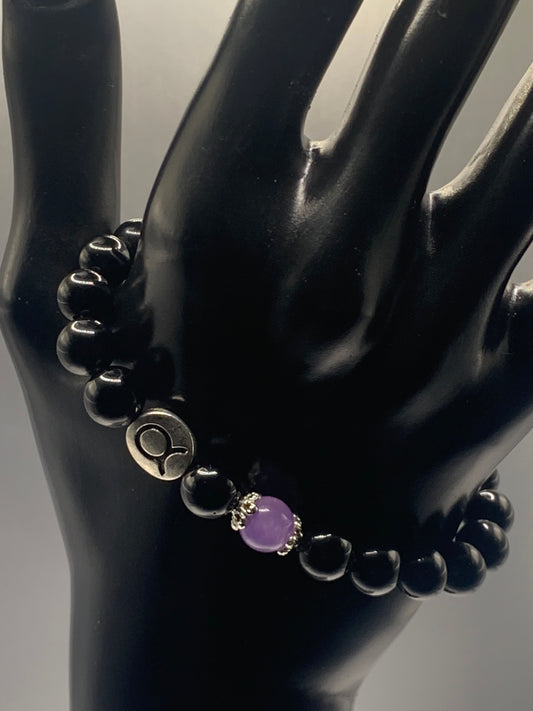 Taurus Zodiac black obsidian with lavender agate semi precious stone/crystal elastic beaded bracelet with silver accents