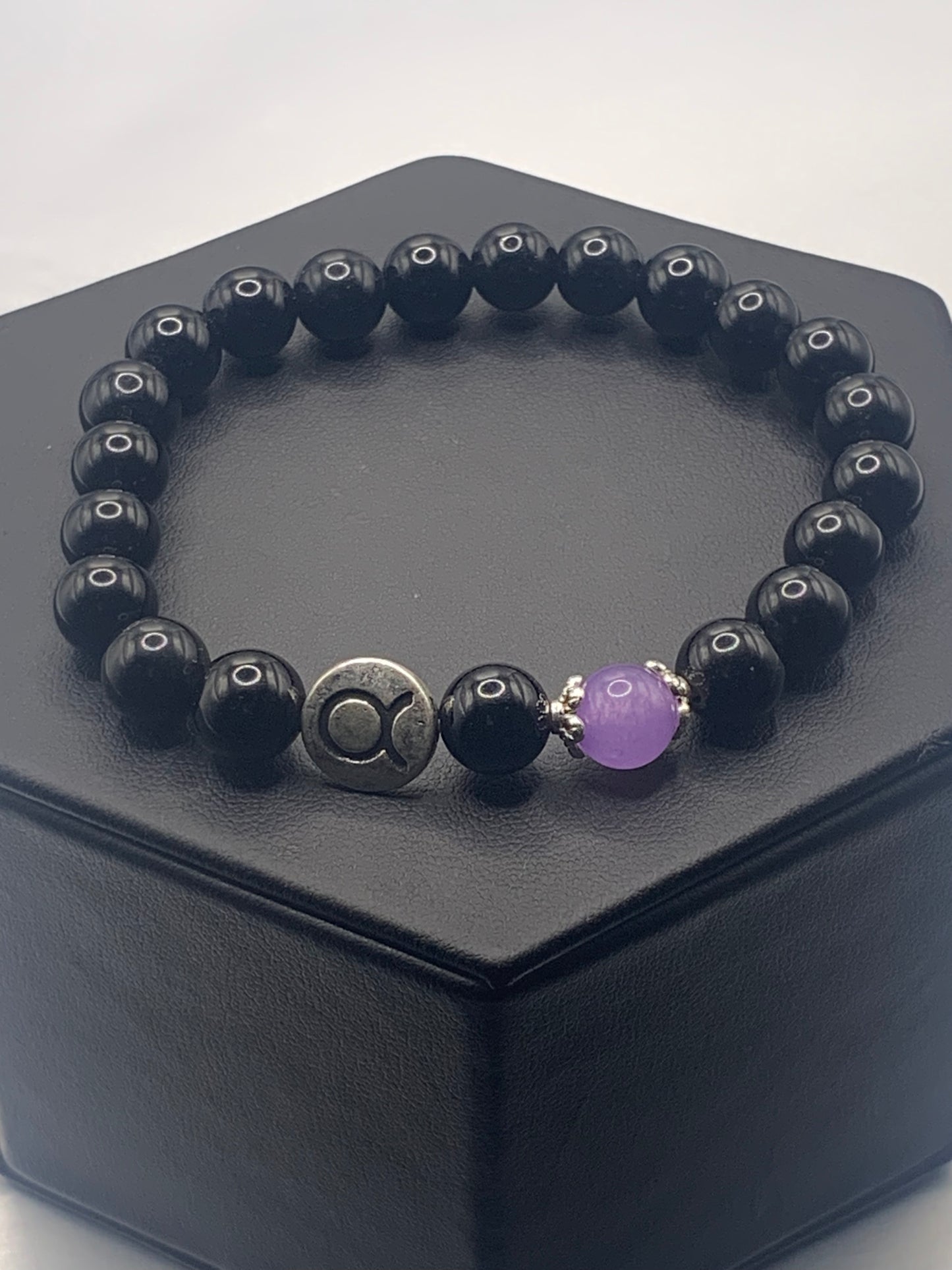 Taurus Zodiac black obsidian with lavender agate semi precious stone/crystal elastic beaded bracelet with silver accents