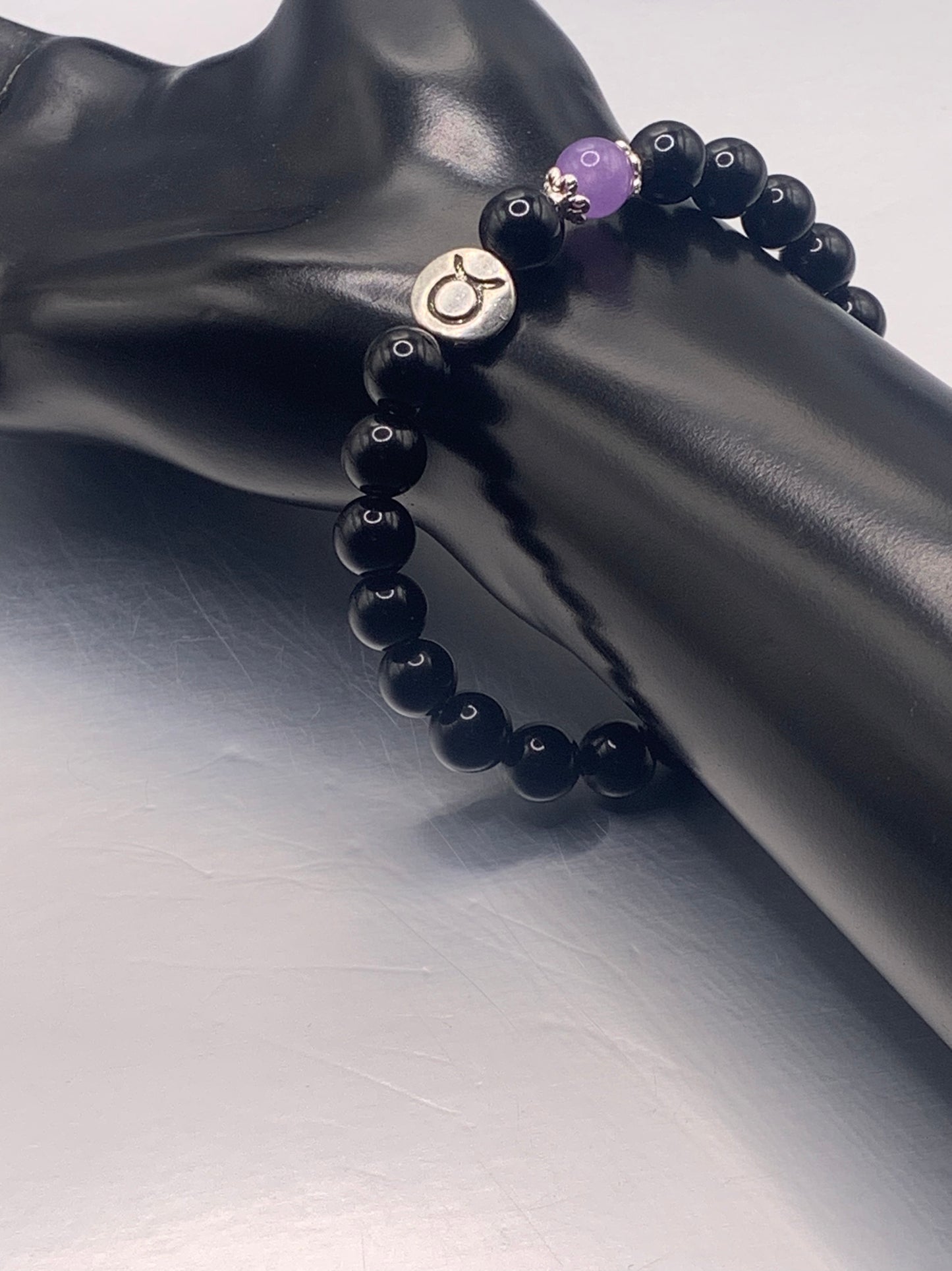 Taurus Zodiac black obsidian with lavender agate semi precious stone/crystal elastic beaded bracelet with silver accents