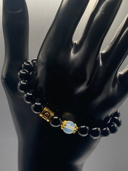 Taurus Zodiac black obsidian with opalite semi precious stone/crystal elastic beaded bracelet with gold accents