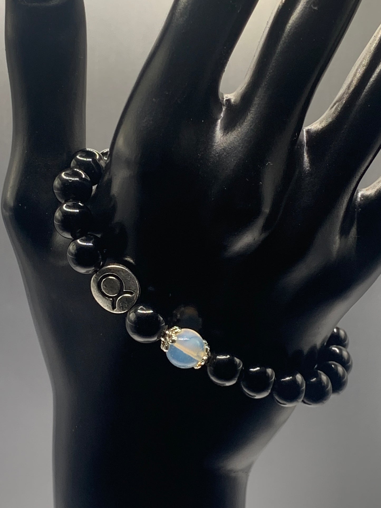 Taurus Zodiac black obsidian with opalite semi precious stone/crystal elastic beaded bracelet with silver accents