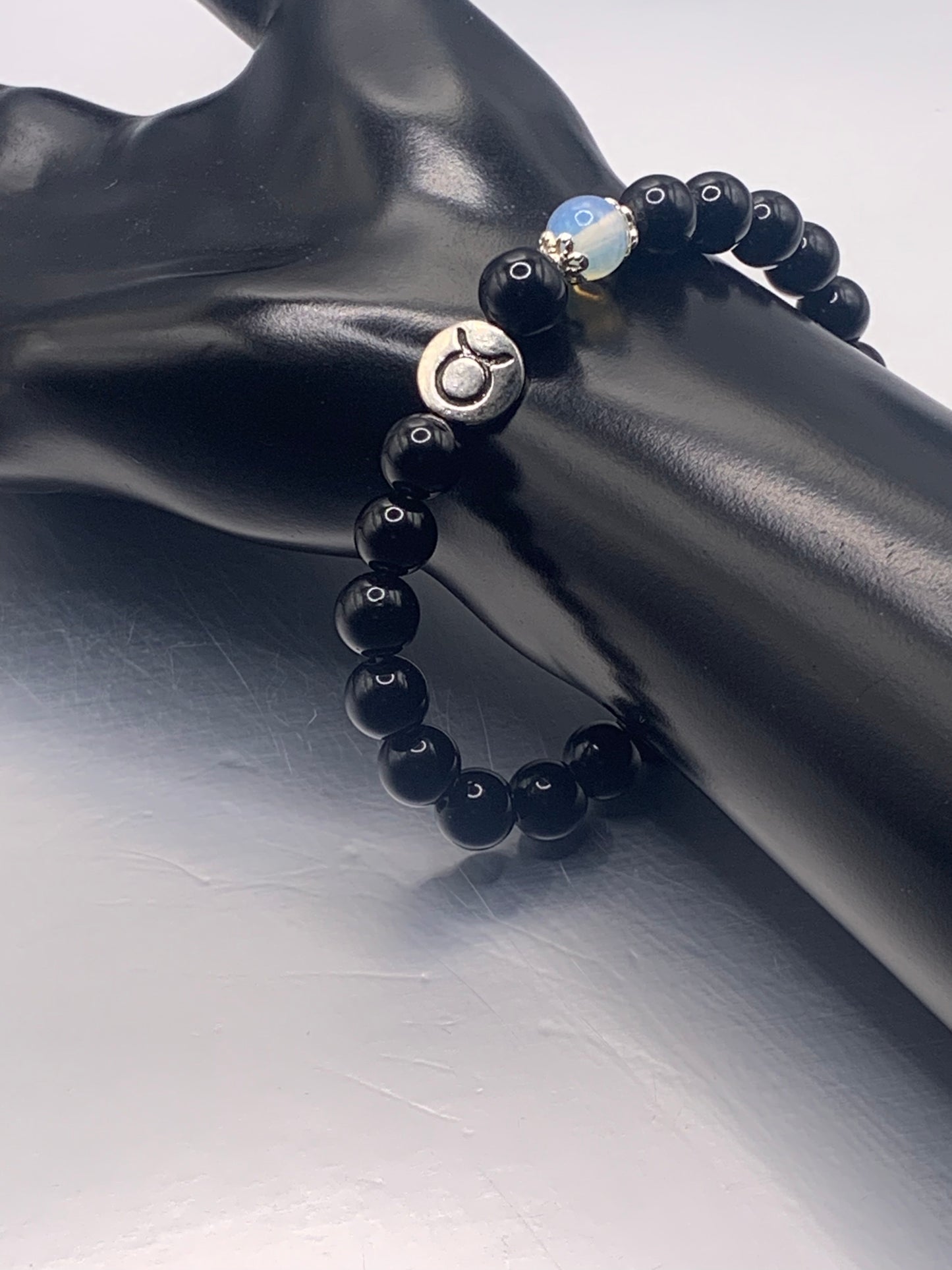 Taurus Zodiac black obsidian with opalite semi precious stone/crystal elastic beaded bracelet with silver accents