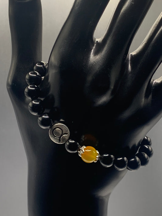 Taurus Zodiac black obsidian with orange agate semi precious stone/crystal elastic beaded bracelet with silver accents