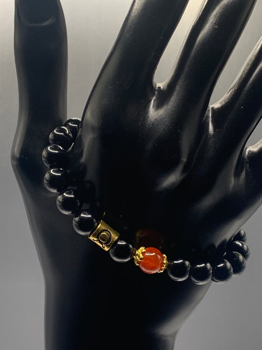 Taurus Zodiac black obsidian with phoenix agate semi precious stone/crystal elastic beaded bracelet with gold accents