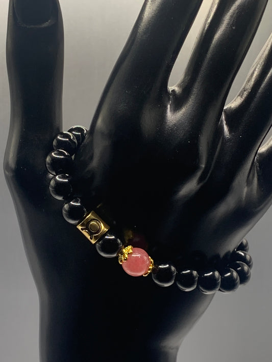 Taurus Zodiac black obsidian with pink chalcedony semi precious stone/crystal elastic beaded bracelet with gold accents