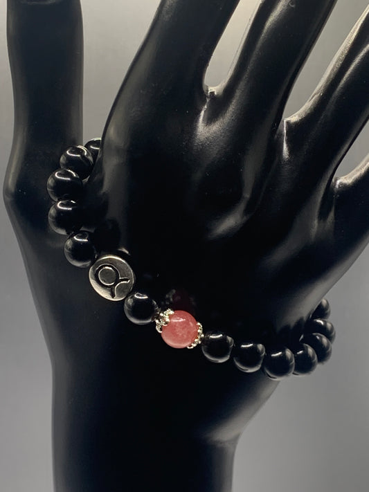 Taurus Zodiac black obsidian with pink chalcedony semi precious stone/crystal elastic beaded bracelet with silver accents
