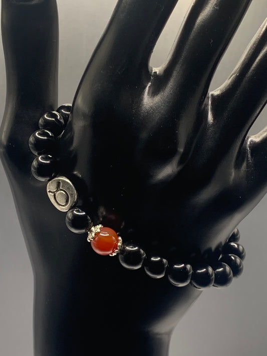Taurus Zodiac black obsidian with red agate semi precious stone/crystal elastic beaded bracelet with silver accents