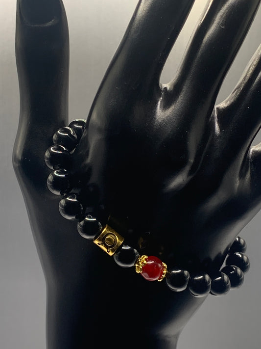 Taurus Zodiac black obsidian with red chalcedony semi precious stone/crystal elastic beaded bracelet with gold accents