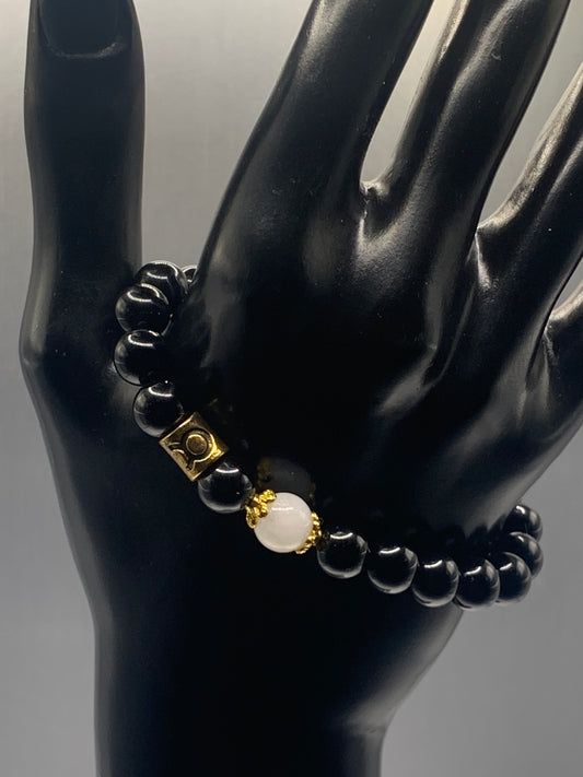 Taurus Zodiac black obsidian with white chalcedony semi precious stone/crystal elastic beaded bracelet with gold accents