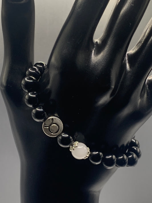 Taurus Zodiac black obsidian with white chalcedony semi precious stone/crystal elastic beaded bracelet with silver accents