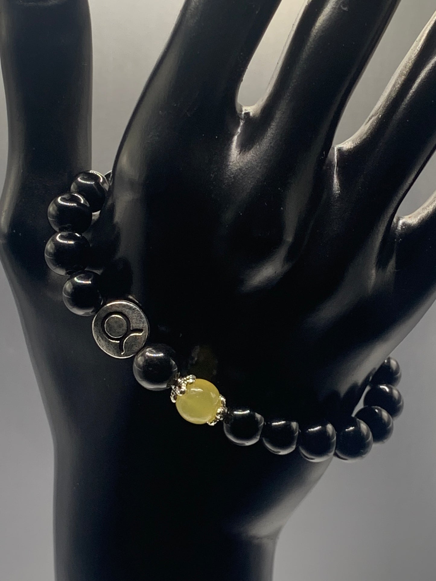 Taurus Zodiac black obsidian with yellow agate semi precious stone/crystal elastic beaded bracelet with silver accents