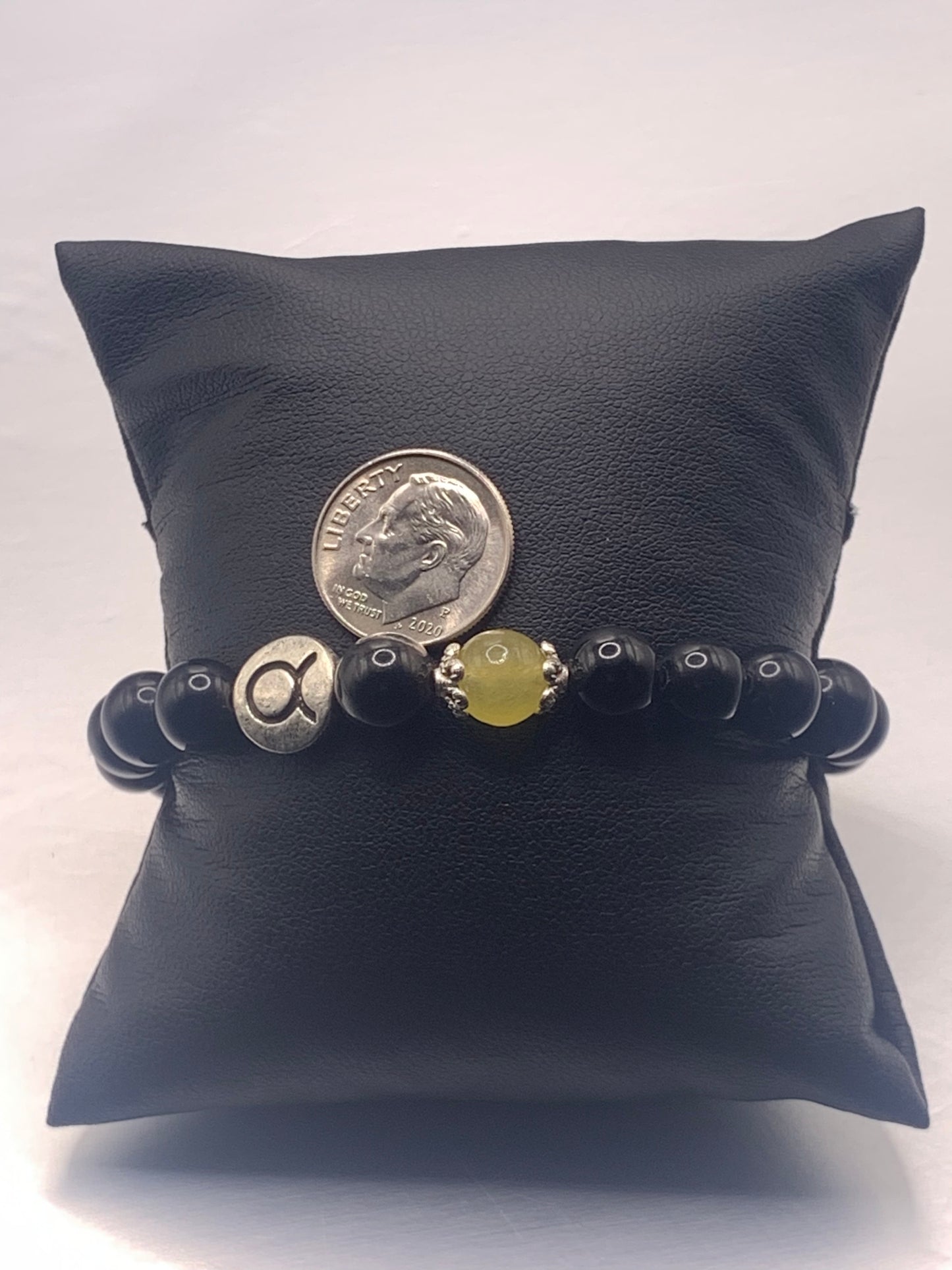 Taurus Zodiac black obsidian with yellow agate semi precious stone/crystal elastic beaded bracelet with silver accents