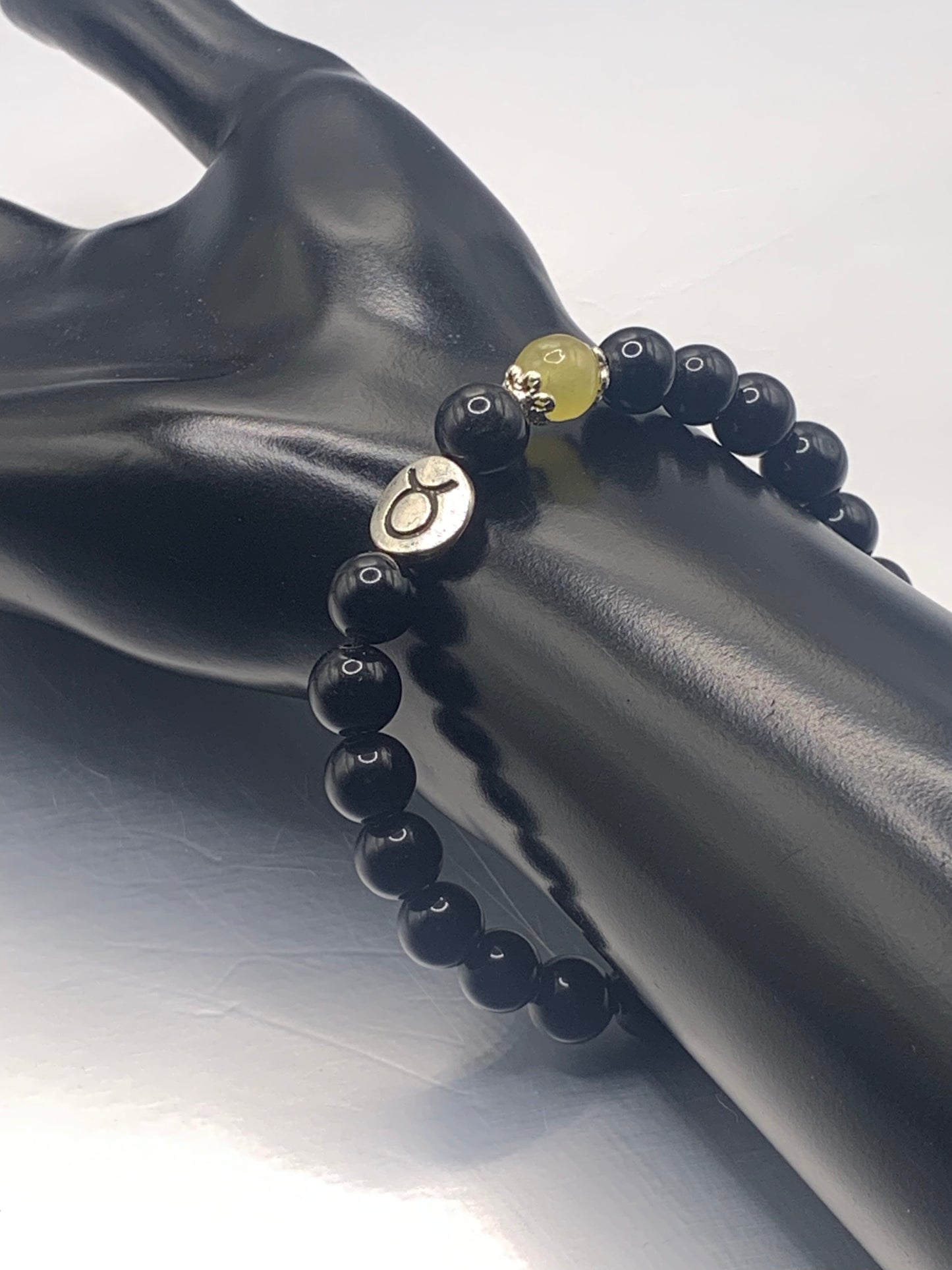 Taurus Zodiac black obsidian with yellow agate semi precious stone/crystal elastic beaded bracelet with silver accents