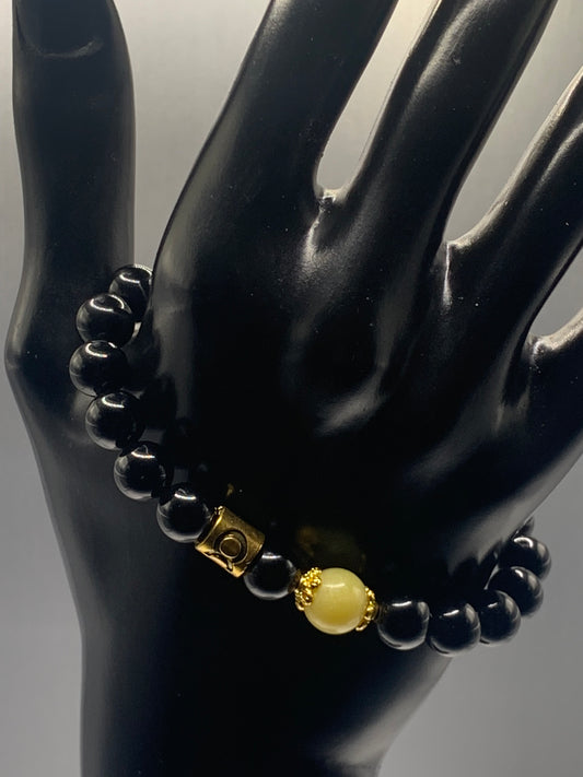 Taurus Zodiac black obsidian with yellow jade semi precious stone/crystal elastic beaded bracelet with gold accents