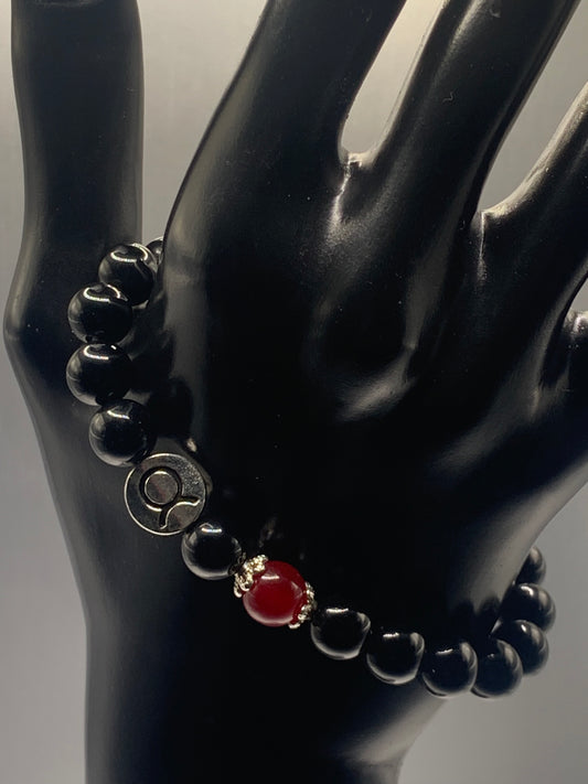 Taurus Zodiac black obsidian with red chalcedony semi precious stone/crystal elastic beaded bracelet with silver accents