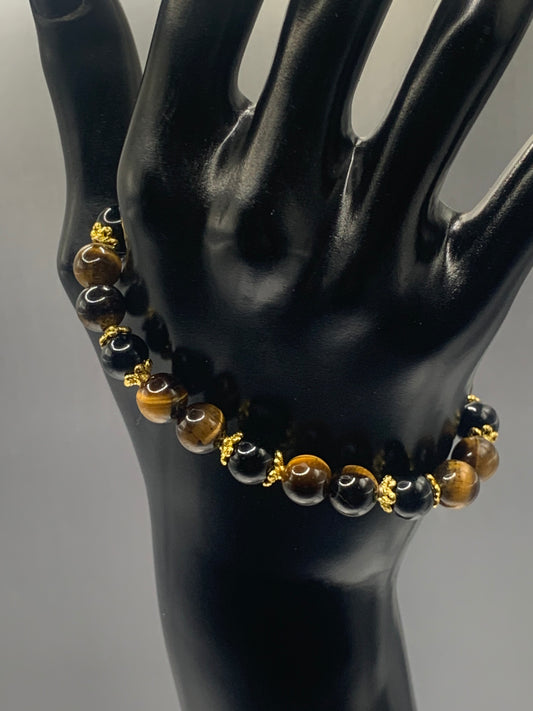 Black obsidian with tigers eye semi precious stone/crystal beaded elastic bracelet with gold plated flower bead caps