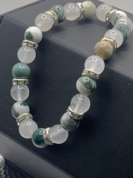 Tree moss agate and white chalcedony semi precious stone/crystal elastic beaded bracelet with clear rondelle's