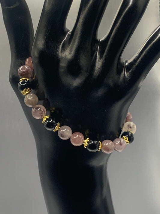 Black obsidian with violet quartz semi precious stone/crystal beaded elastic bracelet with gold plated flower bead caps