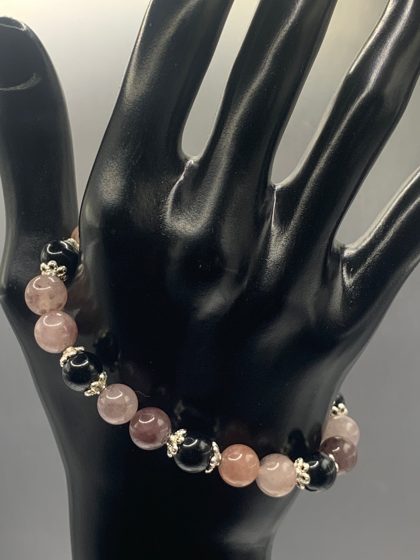 Black obsidian with violet quartz semi precious stone/crystal beaded elastic bracelet with silver plated flower bead caps