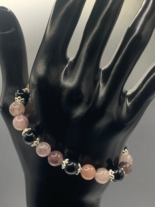 Black obsidian with violet quartz semi precious stone/crystal beaded elastic bracelet with silver plated flower bead caps