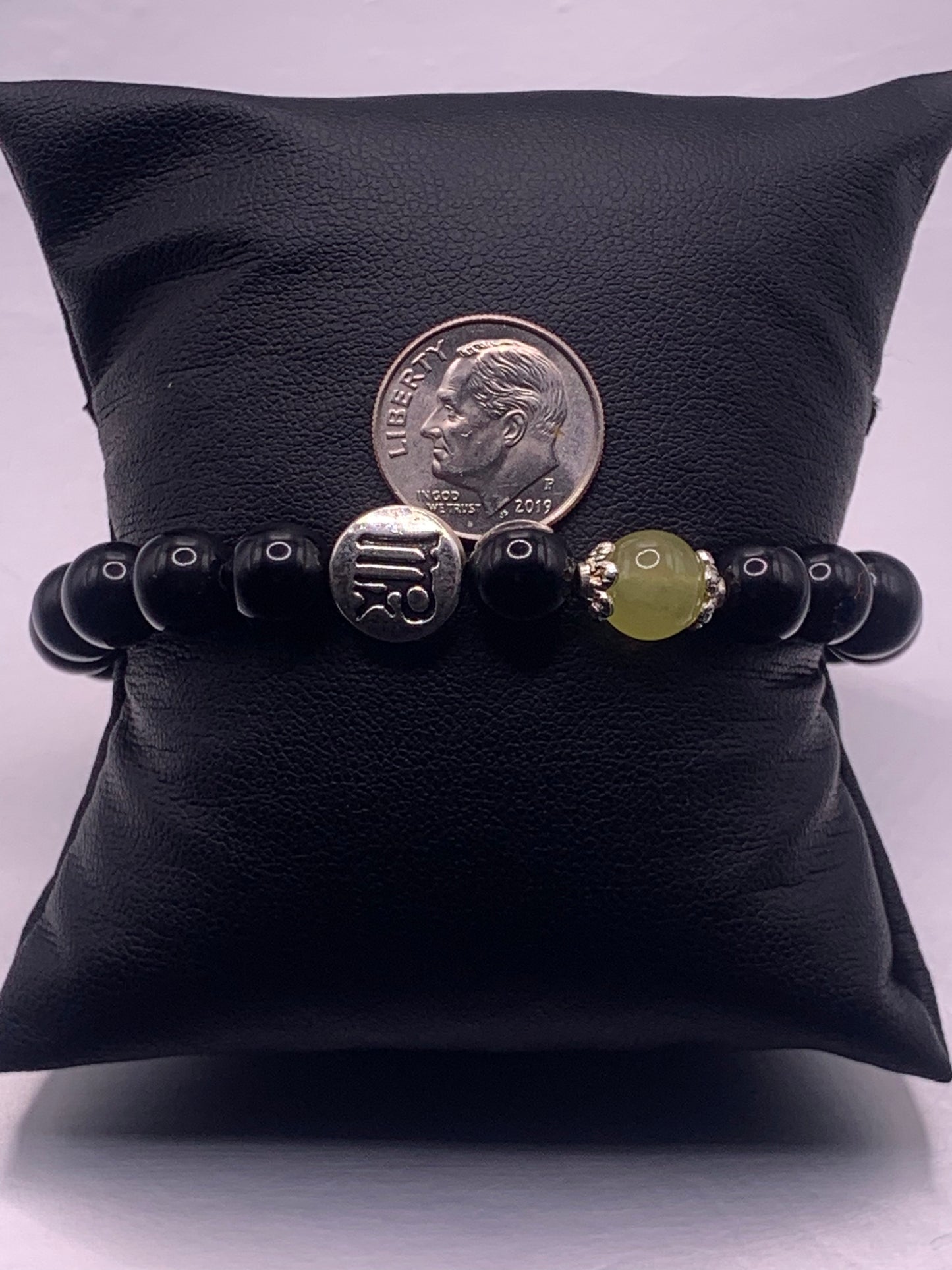 Virgo Zodiac black obsidian with apple agate semi precious stone/crystal elastic beaded bracelet with silver accents