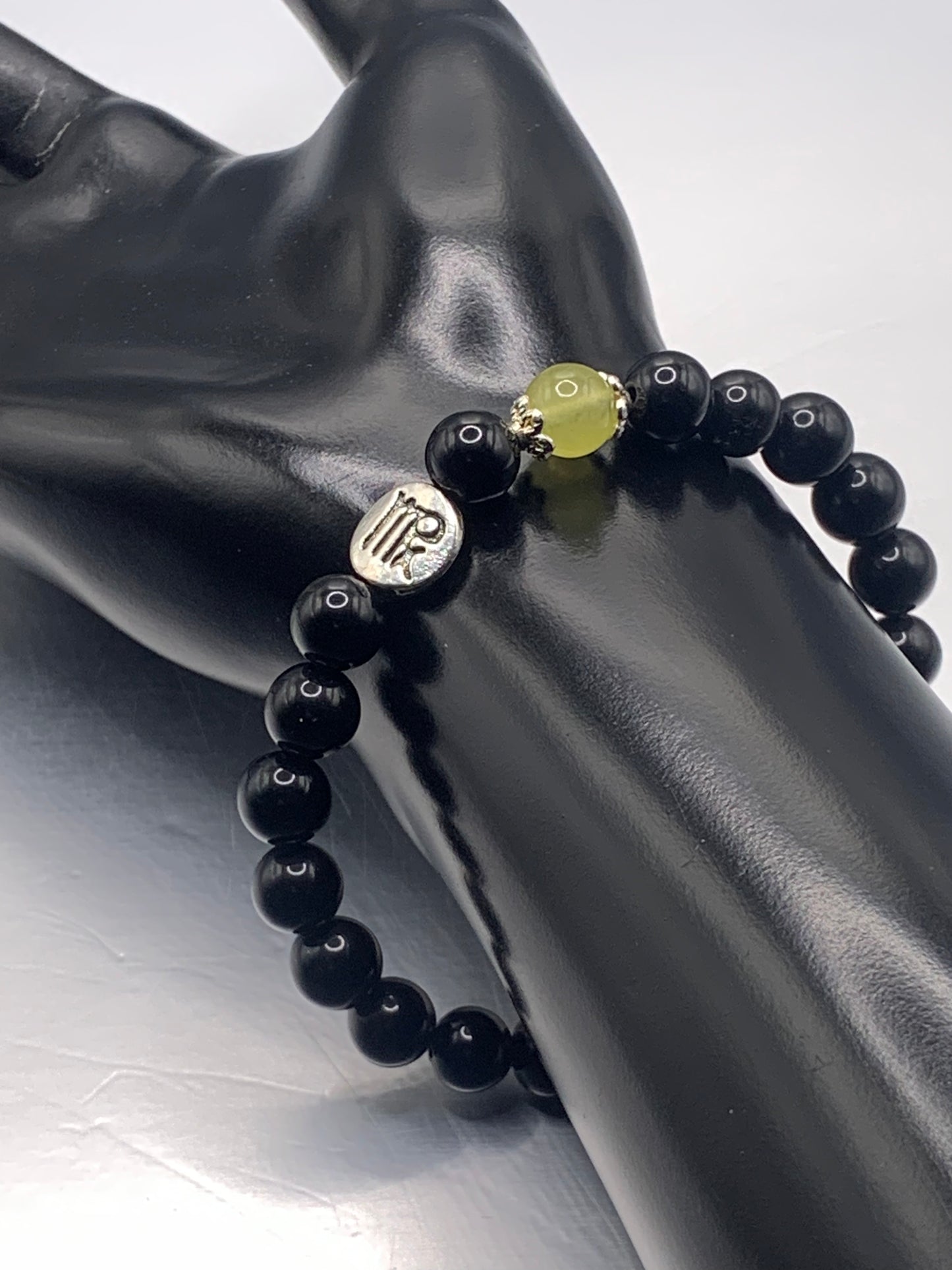 Virgo Zodiac black obsidian with apple agate semi precious stone/crystal elastic beaded bracelet with silver accents